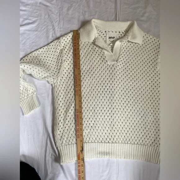 Aerie Women's Boho Coastal Creamy White 100% Cotton Open Knit Polo Sweater MD - Picture 12 of 16